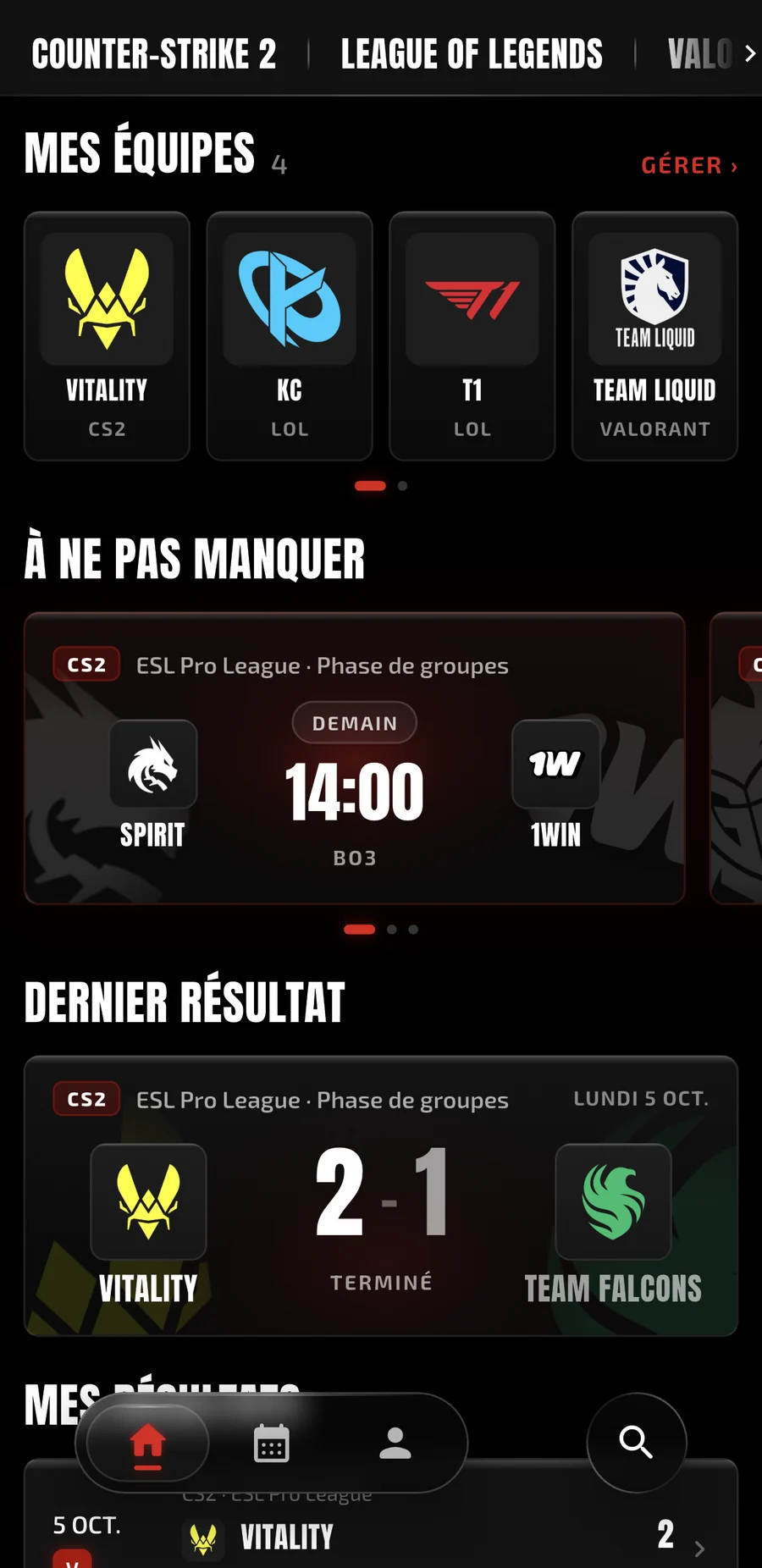 Écran d'accueil de l'application Flash eSport : mes équipes, les matchs à ne pas manquer et le dernier résultat.