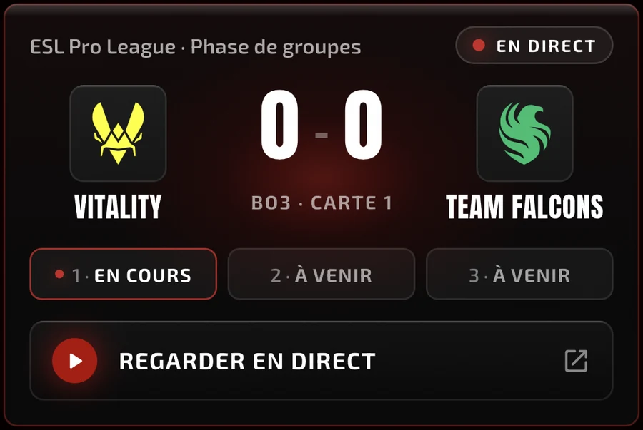 Carte d'un match en direct dans l'application Flash eSport : score, carte en cours et accès au direct.