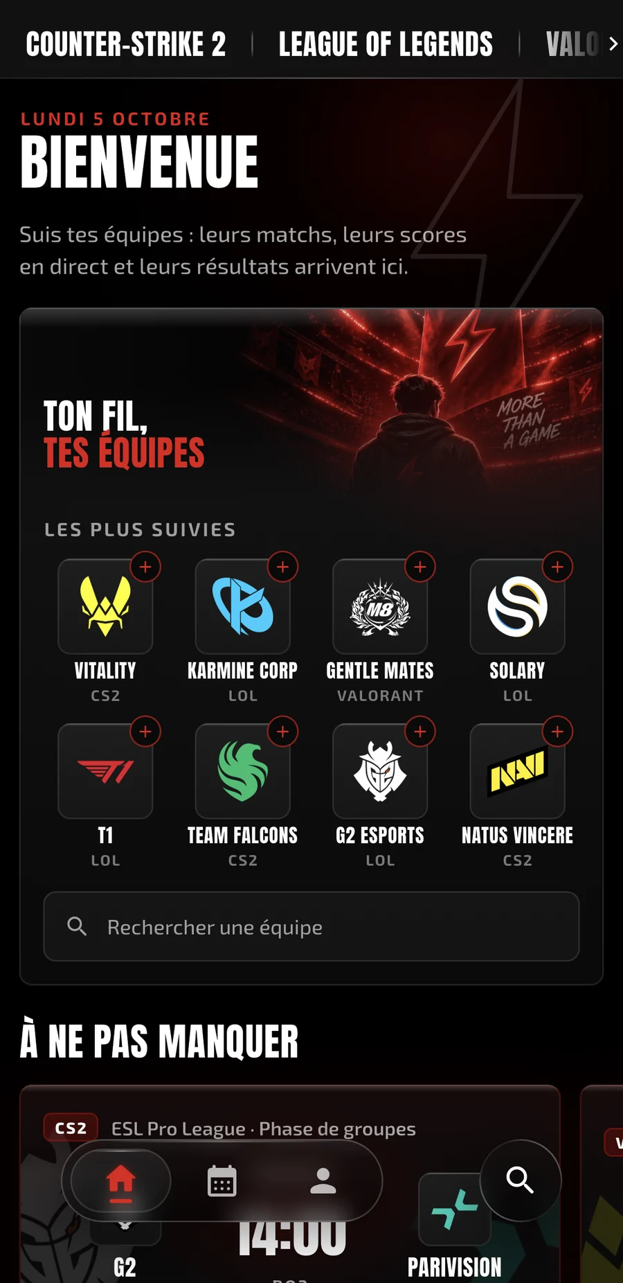 Écran de choix des équipes dans l'application Flash eSport : les équipes les plus suivies sur CS2, LoL et VALORANT.