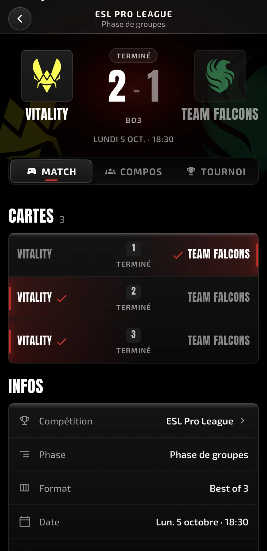 Page d'un match dans l'application Flash eSport : score, cartes jouées et informations de la rencontre.